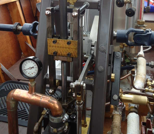 Reverse Lever, Brass on right side of engine frame.  Marshall-Bremme Valve Gear